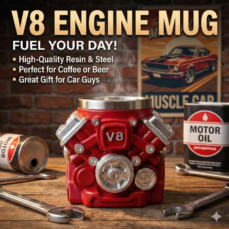 Engine-themed coffee mug, a retro-styled, realistic V8 engine stainless steel mug, a personalized double-walled insulated car mug with a handle, the perfect gift for Father's Day, Christmas, husbands, mechanics, and car enthusiasts.
