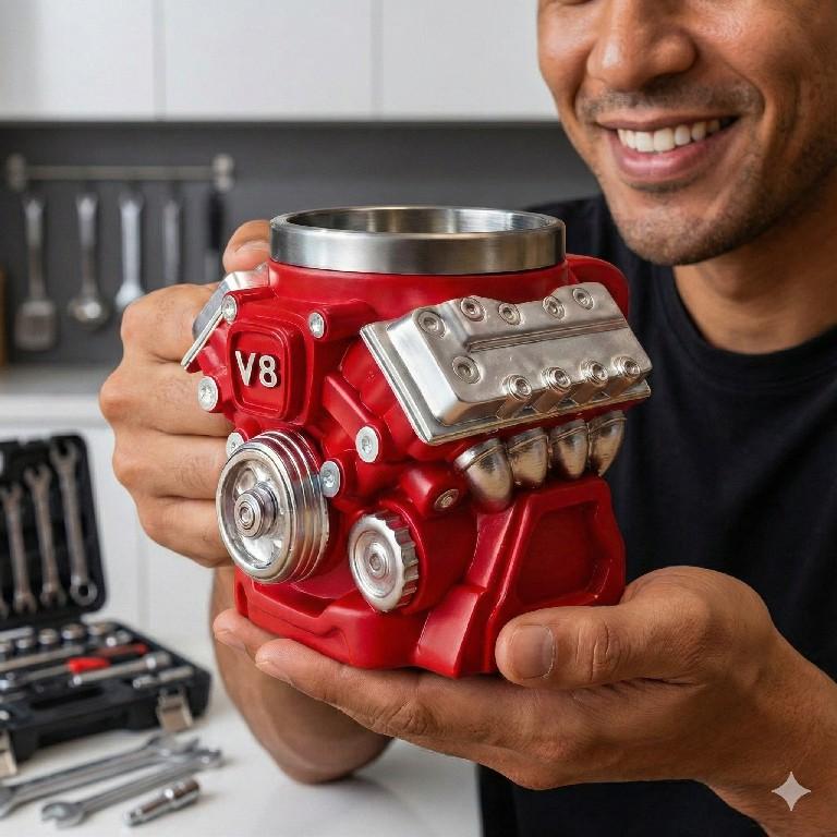 Engine-themed coffee mug, a retro-styled, realistic V8 engine stainless steel mug, a personalized double-walled insulated car mug with a handle, the perfect gift for Father's Day, Christmas, husbands, mechanics, and car enthusiasts.