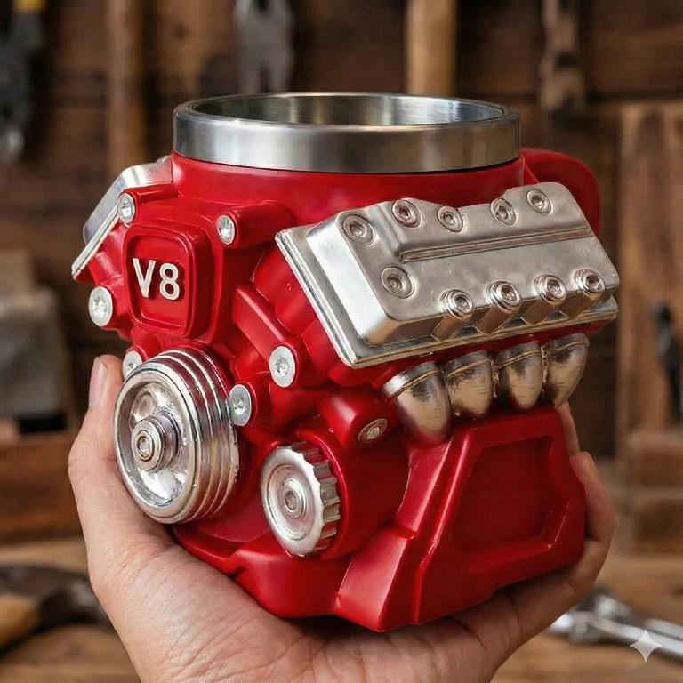 Engine-themed coffee mug, a retro-styled, realistic V8 engine stainless steel mug, a personalized double-walled insulated car mug with a handle, the perfect gift for Father's Day, Christmas, husbands, mechanics, and car enthusiasts.