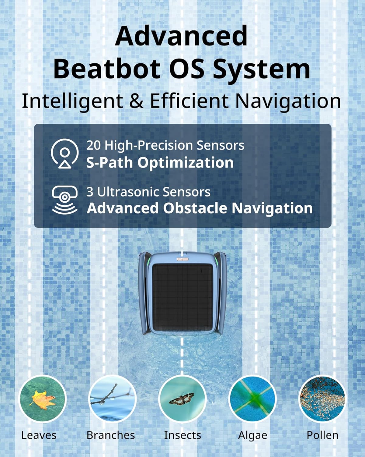 Beatbot iSkim Ultra Solar Powered Robotic Pool Skimmer, Pool Surface Cleaner Robot, Dual Charging Options, Water Clarification, Edge & Corner Cleaning, S-Path Optimization, App Control, Ocean Blue